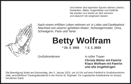 Traueranzeige von Betty Wolfram von Dinkelsbühl/ Feuchtwangen