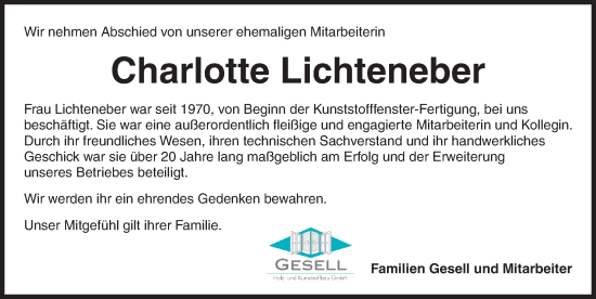 Traueranzeige von Charlotte Lichteneber von Neustadt/ Scheinfeld/ Uffenheim