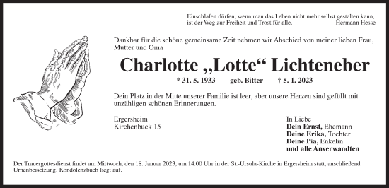 Traueranzeige von Charlotte Lichteneber von Neustadt/ Scheinfeld/ Uffenheim