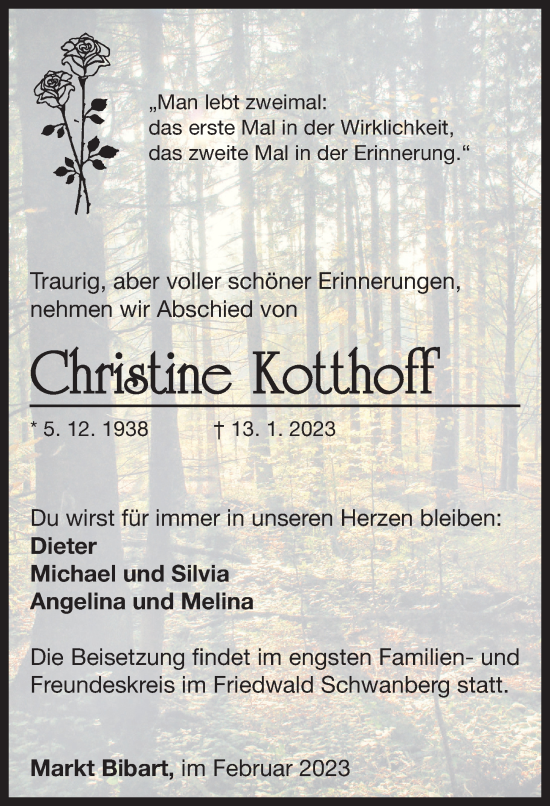 Traueranzeige von Christine Kotthoff von Neustadt/ Scheinfeld/ Uffenheim