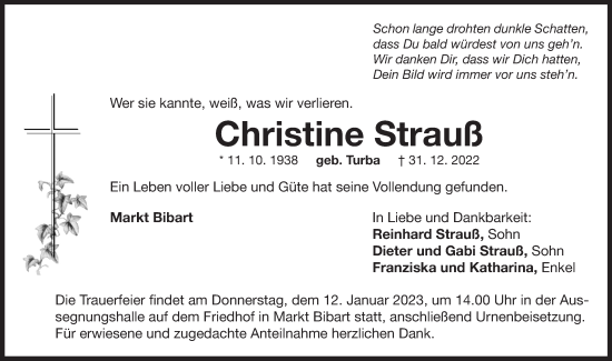 Traueranzeige von Christine Strauß von Neustadt/ Scheinfeld/ Uffenheim