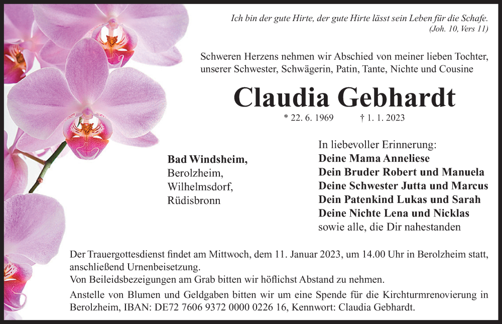  Traueranzeige für Claudia Gebhardt vom 09.01.2023 aus Neustadt/ Scheinfeld/ Uffenheim