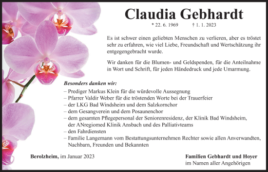 Traueranzeige von Claudia Gebhardt von Neustadt/ Scheinfeld/ Uffenheim