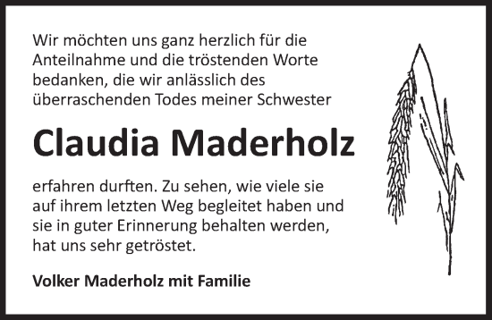 Traueranzeige von Claudia Maderholz von Ansbach