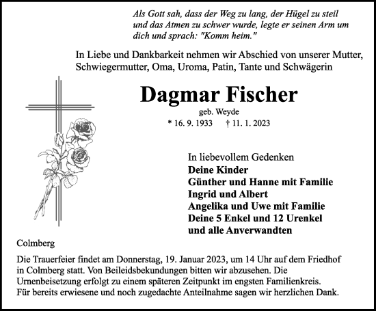 Traueranzeige von Dagmar Fischer von Ansbach