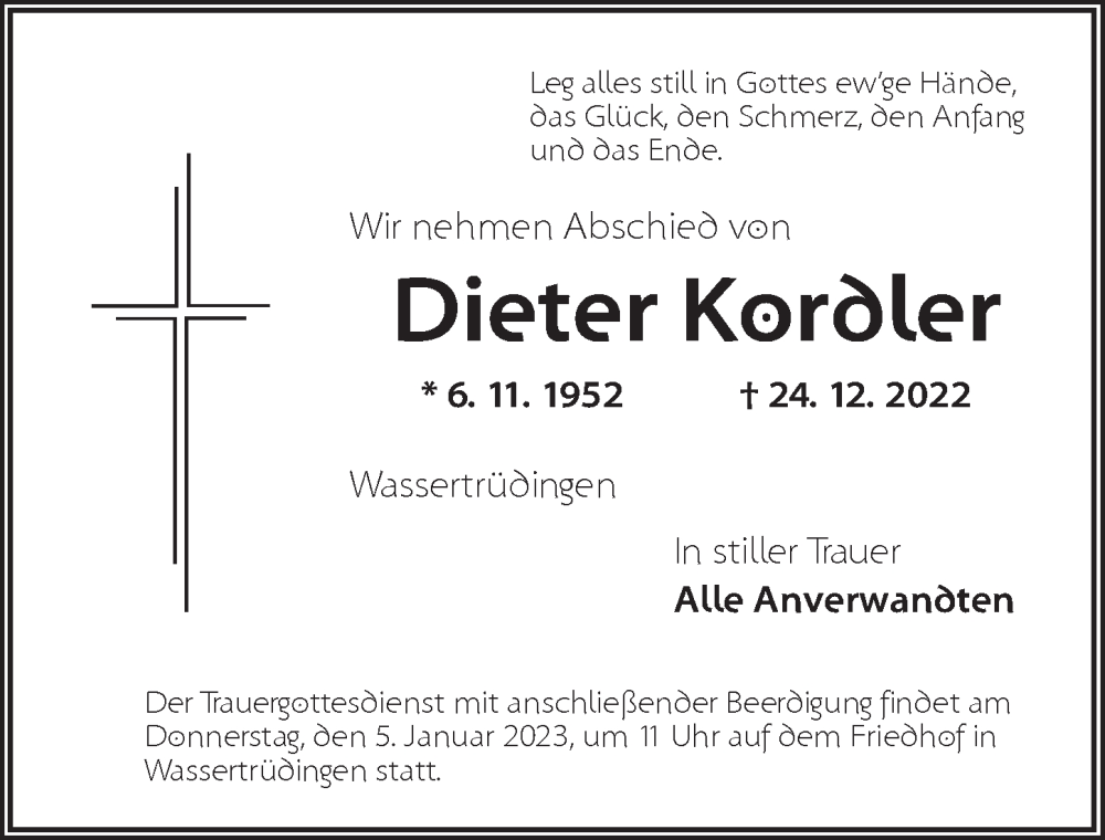  Traueranzeige für Dieter Kordler vom 04.01.2023 aus Dinkelsbühl/ Feuchtwangen