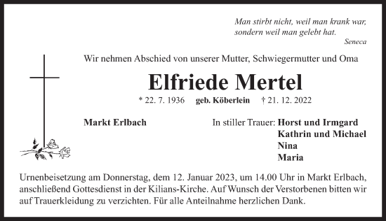 Traueranzeige von Elfriede Mertel von Neustadt/ Scheinfeld/ Uffenheim