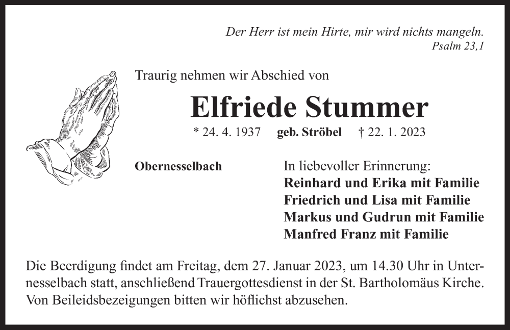  Traueranzeige für Elfriede Stummer vom 25.01.2023 aus Neustadt/ Scheinfeld/ Uffenheim