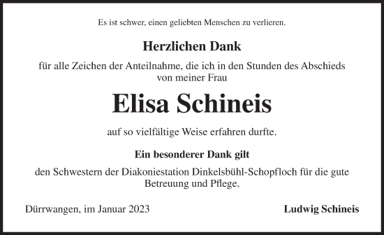 Traueranzeige von Elisa Schineis von Dinkelsbühl/ Feuchtwangen