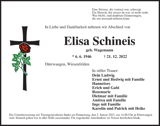 Traueranzeige von Elisa Schineis von Dinkelsbühl/ Feuchtwangen