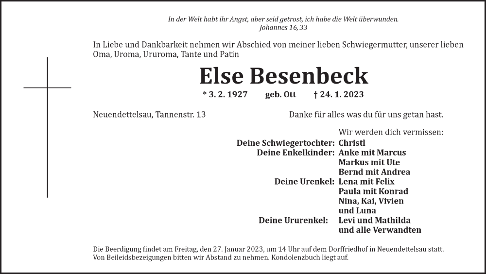  Traueranzeige für Else Besenbeck vom 26.01.2023 aus Ansbach