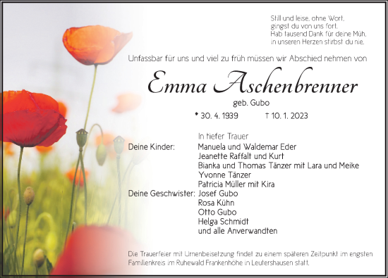 Traueranzeige von Emma Aschenbrenner von Dinkelsbühl/ Feuchtwangen