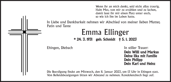 Traueranzeige von Emma Ellinger von Dinkelsbühl/ Feuchtwangen