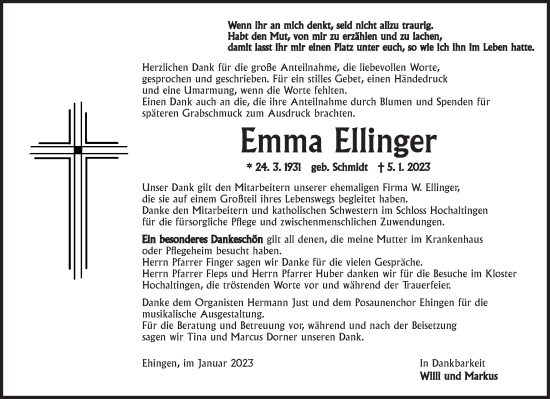 Traueranzeige von Emma Ellinger von Dinkelsbühl/ Feuchtwangen