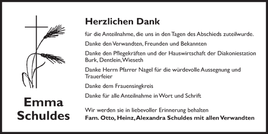 Traueranzeige von Emma Schuldes von Dinkelsbühl/ Feuchtwangen