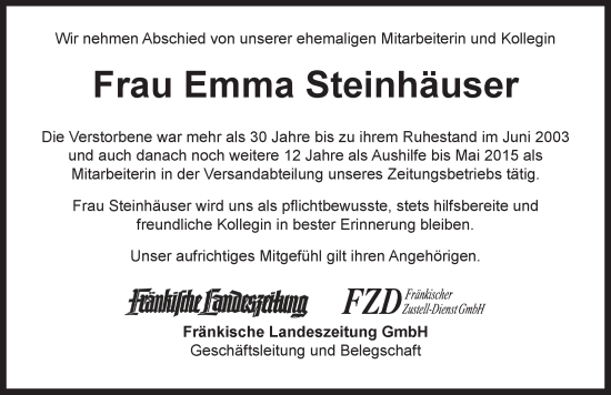 Traueranzeige von Emma Steinhäuser von Ansbach