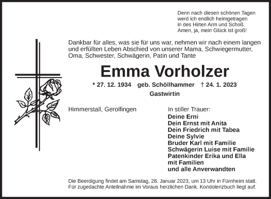 Traueranzeige von Emma Vorholzer von Dinkelsbühl/ Feuchtwangen
