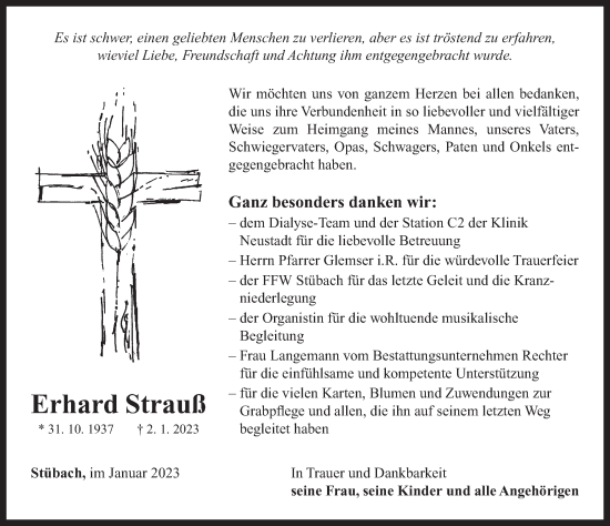 Traueranzeige von Erhard Strauß von Neustadt/ Scheinfeld/ Uffenheim