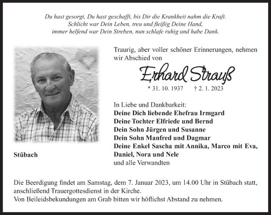 Traueranzeige von Erhard Strauß von Neustadt/ Scheinfeld/ Uffenheim