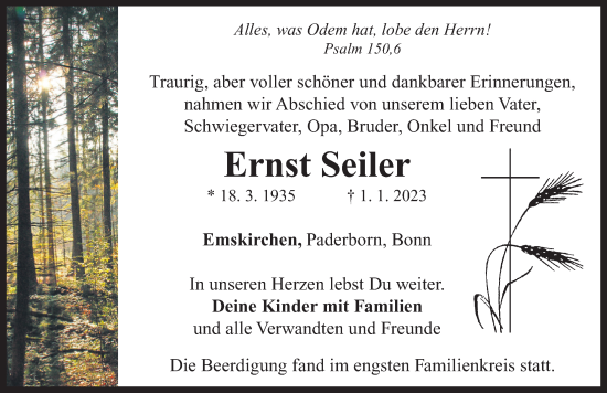 Traueranzeige von Ernst  Seiler von Neustadt/ Scheinfeld/ Uffenheim