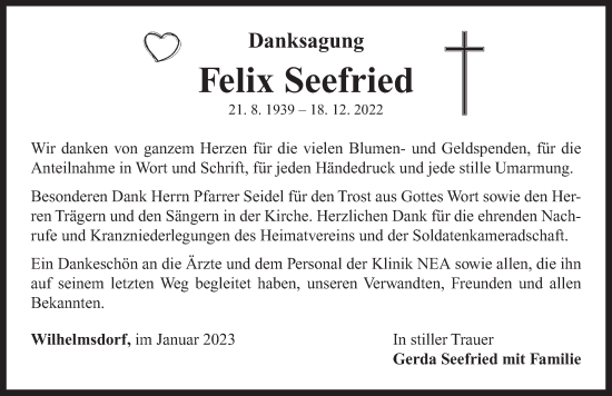 Traueranzeige von Felix Seefried von Neustadt/ Scheinfeld/ Uffenheim