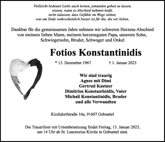 Traueranzeige von Fotios Konstantinidis von Rothenburg