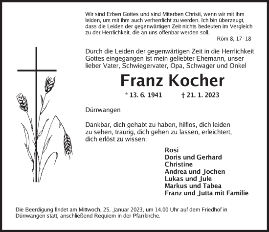 Traueranzeige von Franz Kocher von Ansbach