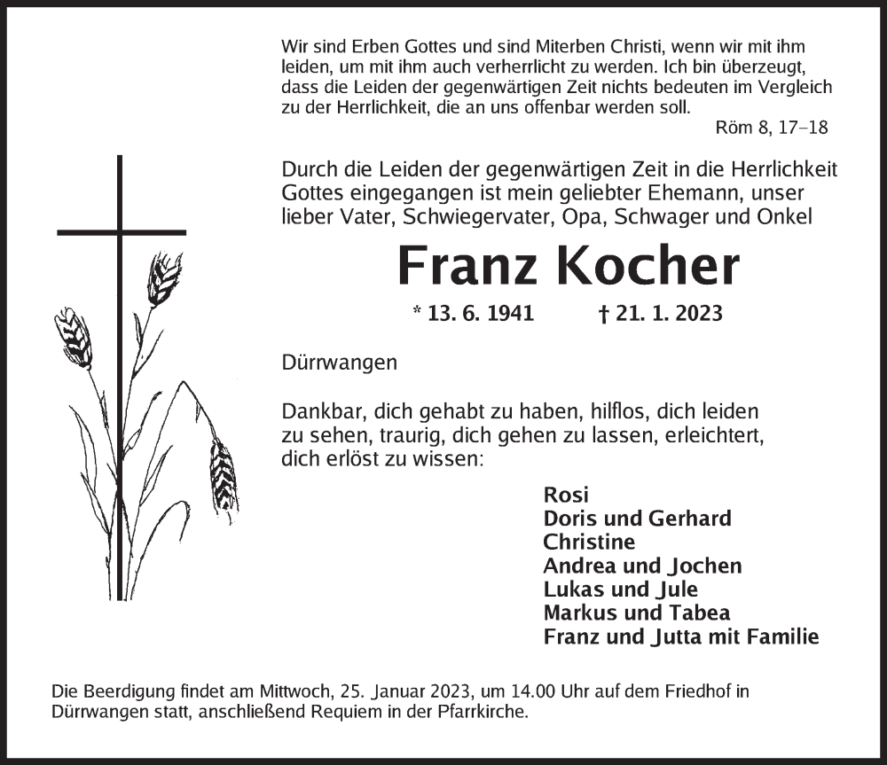  Traueranzeige für Franz Kocher vom 24.01.2023 aus Ansbach