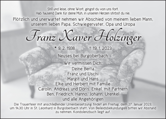 Traueranzeige von Franz Xaver Holzinger von Ansbach