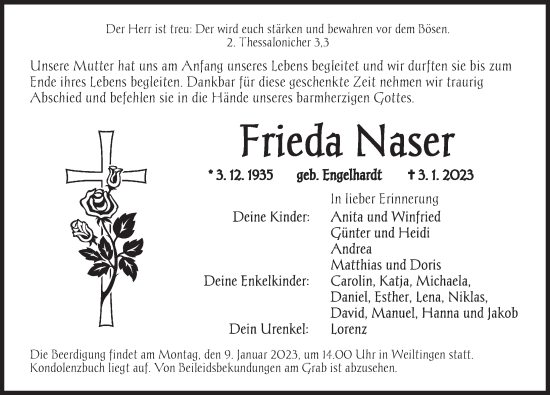 Traueranzeige von Frieda Naser von Dinkelsbühl/ Feuchtwangen