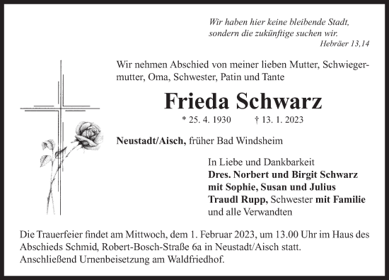 Traueranzeige von Frieda Schwarz von Neustadt/ Scheinfeld/ Uffenheim