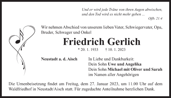 Traueranzeige von Friedrich Gerlich von Neustadt/ Scheinfeld/ Uffenheim