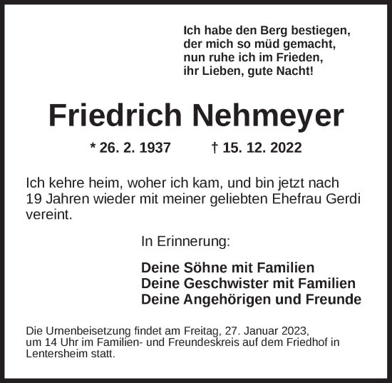 Traueranzeige von Friedrich Nehmeyer von Dinkelsbühl/ Feuchtwangen