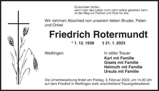 Traueranzeige von Friedrich Rotermundt von Dinkelsbühl/ Feuchtwangen