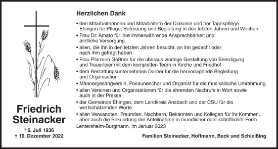 Traueranzeige von Friedrich Steinacker von Dinkelsbühl/ Feuchtwangen