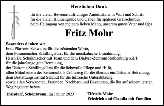 Traueranzeige von Fritz Mohr von Rothenburg