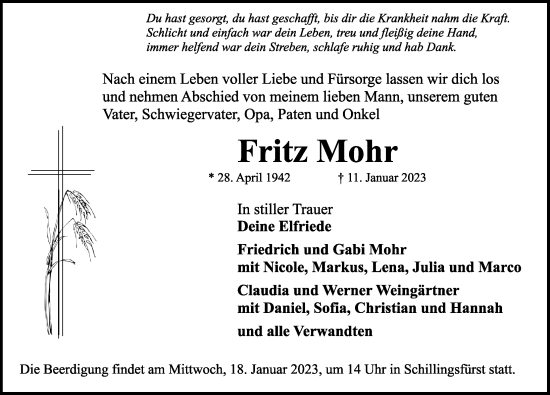 Traueranzeige von Fritz Mohr von Rothenburg