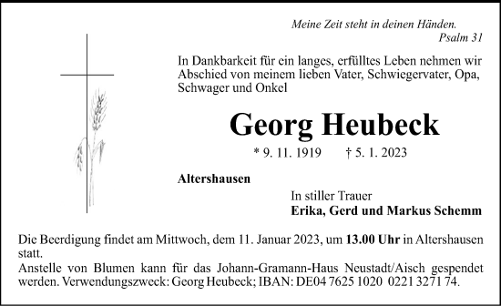 Traueranzeige von Georg Heubeck von Neustadt/ Scheinfeld/ Uffenheim