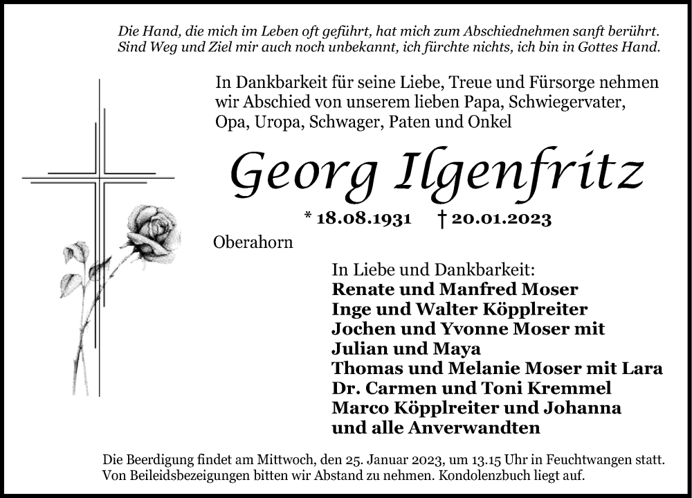 Traueranzeige für Georg Ilgenfritz vom 24.01.2023 aus Dinkelsbühl/ Feuchtwangen