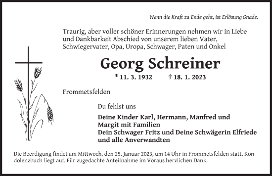 Traueranzeige von Georg Schreiner von Ansbach