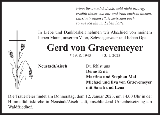 Traueranzeige von Gerd von Graevemeyer von Neustadt/ Scheinfeld/ Uffenheim