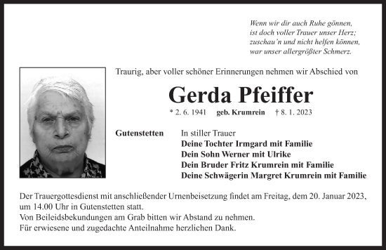 Traueranzeige von Gerda Pfeiffer von Neustadt/ Scheinfeld/ Uffenheim