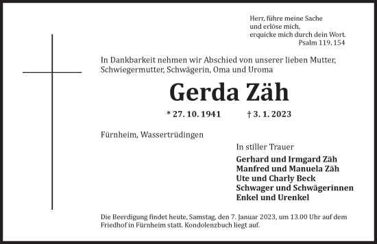 Traueranzeige von Gerda Zäh von Dinkelsbühl/ Feuchtwangen