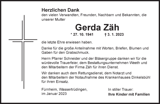 Traueranzeige von Gerda Zäh von Dinkelsbühl/ Feuchtwangen