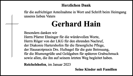 Traueranzeige von Gerhard Hain von Rothenburg