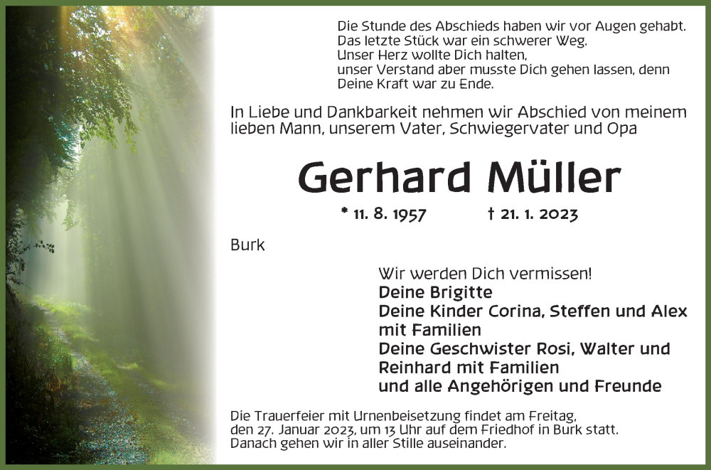  Traueranzeige für Gerhard Müller vom 24.01.2023 aus Dinkelsbühl/ Feuchtwangen