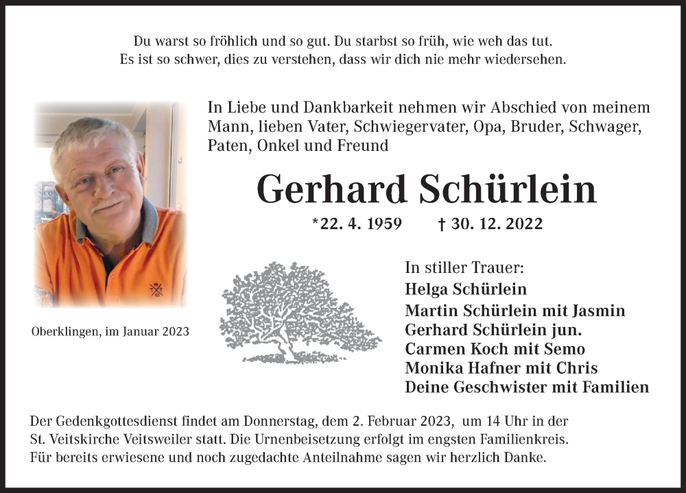  Traueranzeige für Gerhard Schürlein vom 30.01.2023 aus Dinkelsbühl/ Feuchtwangen