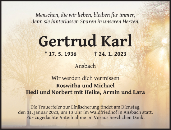 Traueranzeige von Gertrud Karl von Ansbach