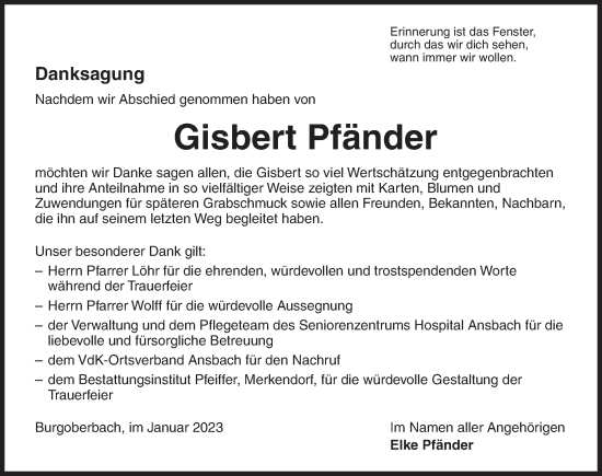 Traueranzeige von Gisbert Pfänder von Ansbach