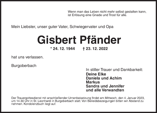 Traueranzeige von Gisbert Pfänder von Ansbach